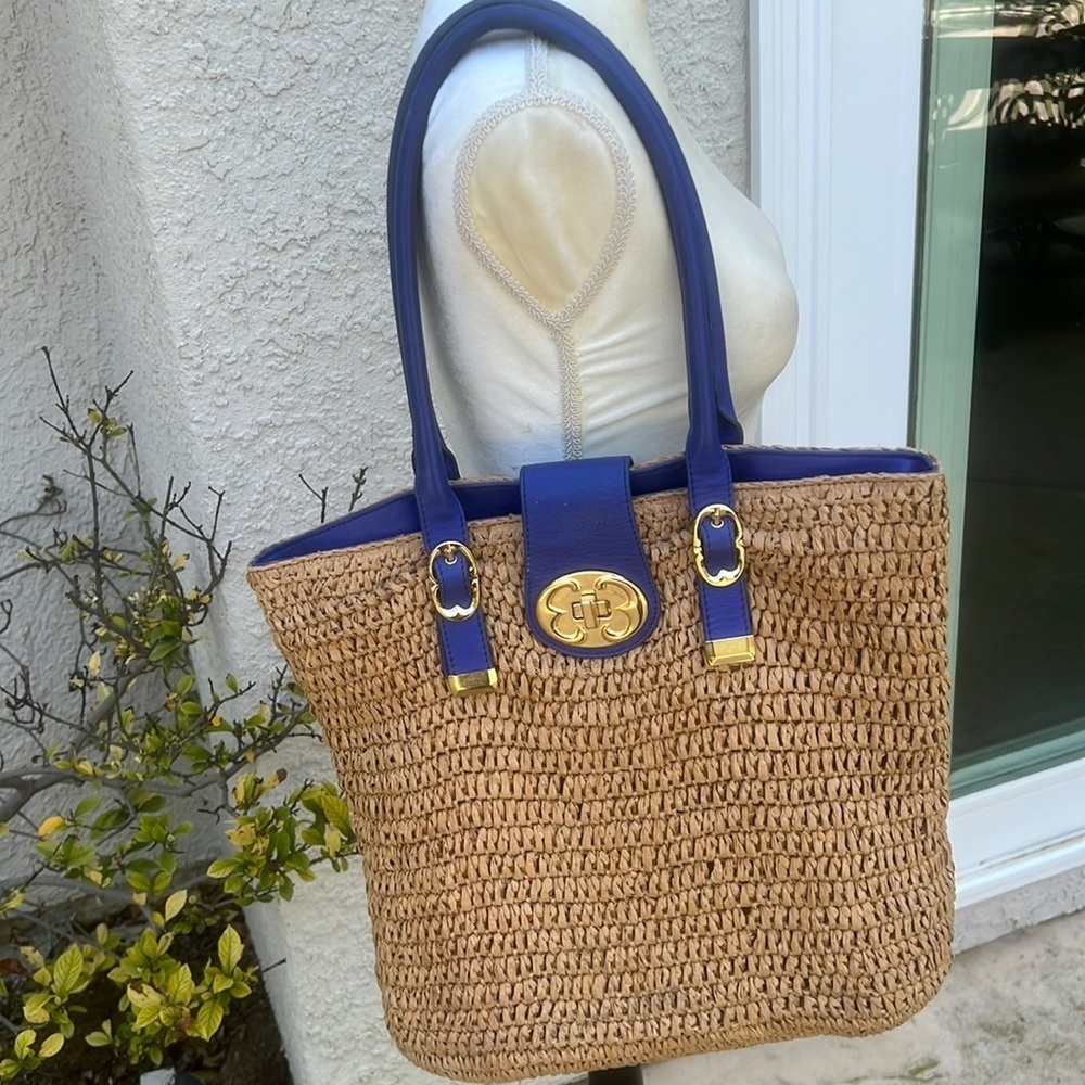Emma Fox Graham Straw Blue Leather & Gold Latch Tote Bag Purse